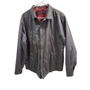 Mens Reversible Quilted Jacket Charcoal Grey Red Plaid Flannel Snap Front L